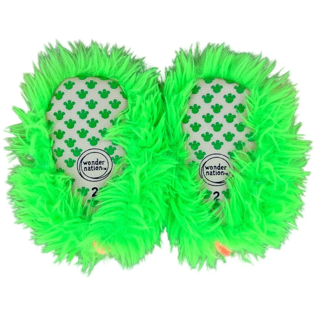 Monster Paw Slippers Kids Size 2 Neon Green Orange Faux‎ Fur Fuzzy Wonder Nation